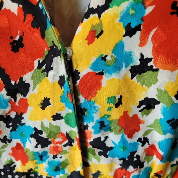 1980s floral silk cocktail dress puff shoulders dress with contrast skirt - Picture 15 of 16